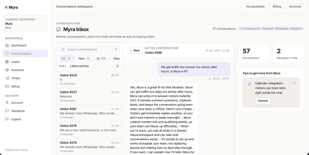 Myra inbox showing conversation history